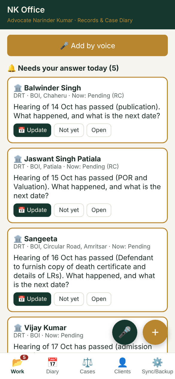 NK Office app on a phone, showing the work list